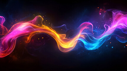 A vibrant abstract wave of colorful light flowing across a dark background with small light particles
