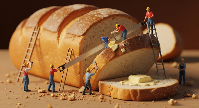 Miniature workers meticulously slice a giant loaf of bread, adding butter to a freshly cut slice. - Powered by Adobe