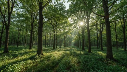 Sunlight filtering through a dense woodland.