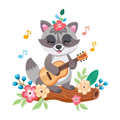 Cute Raccoon Playing Guitar Cartoon Vector