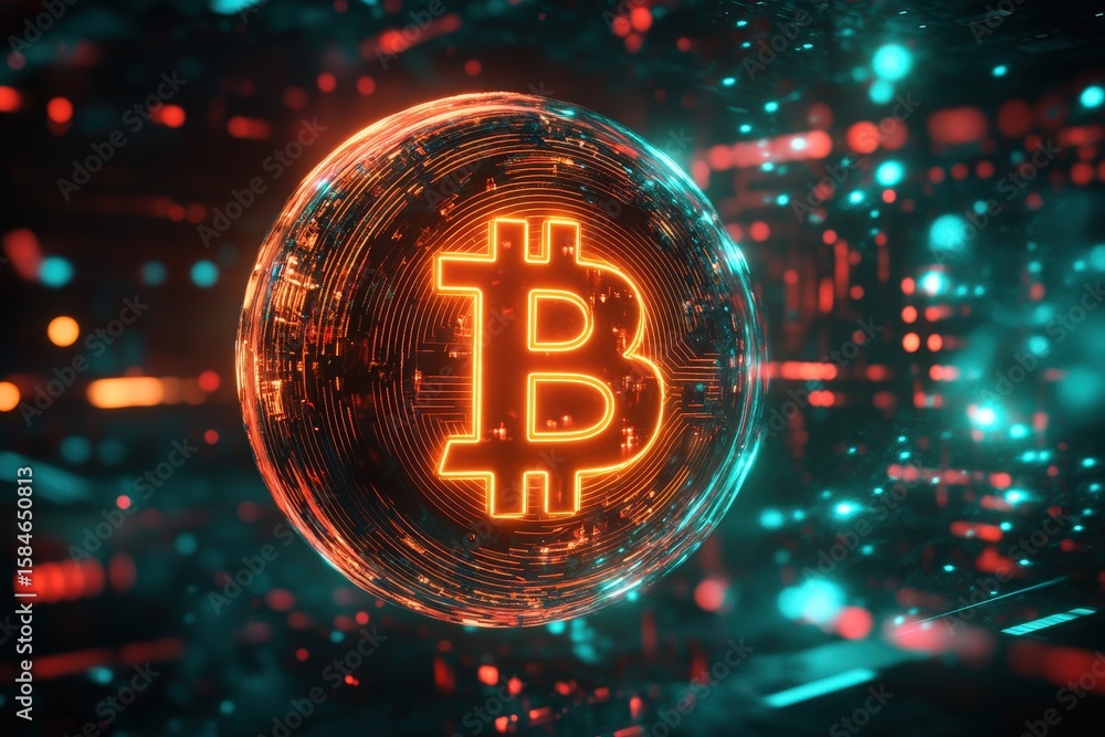 Poster illuminated bitcoin symbol within a futuristic sphere.