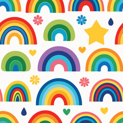 Rainbow vector geometric seamless patterns collection. Set of bright colorful backgrounds with modern minimal labels. Cute abstract geometrical textures. Simple pattern design for babies, kids, decor