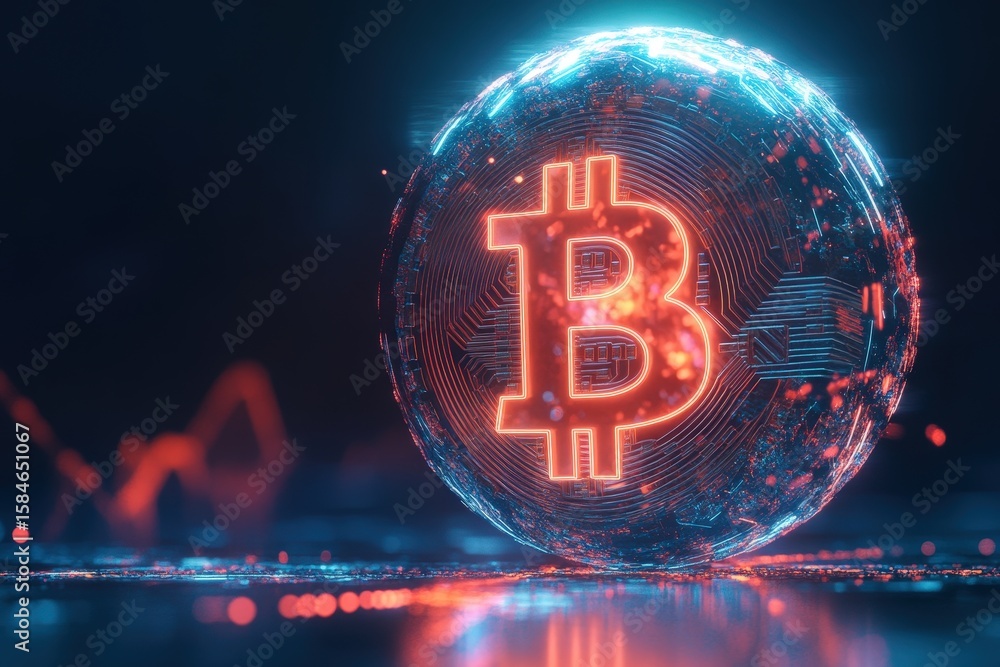 Poster illuminated bitcoin symbol on a sphere with glowing circuit board texture.