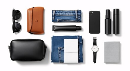 Flat lay of men accessories including sunglasses wallet jeans and watch for fashion and style concept