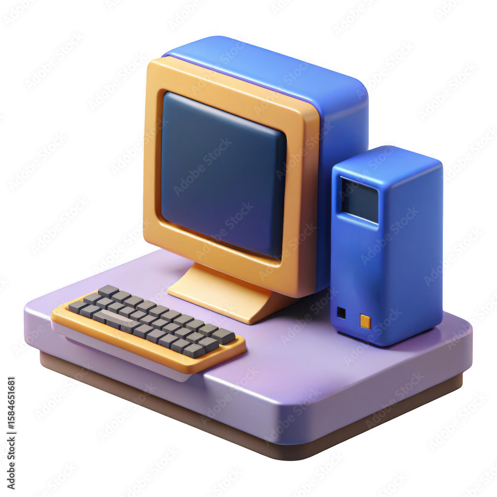 Poster 3d retro computer setup with monitor and tower isolated on transparent background
