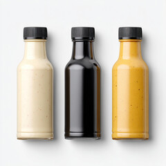 Three Condiment Bottles Black Cream Yellow Caps sauce
