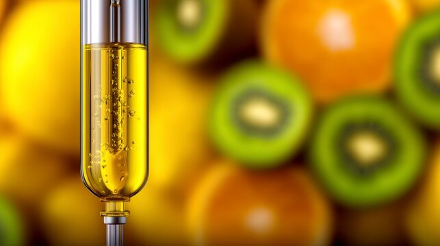 A close up of a vitamin IV with fresh fruit infusion showcasing kiwi lemon and orange slices in the background symbolizing natural rejuvenation and wellness. Intravenous therapy