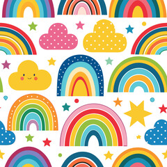 Rainbow vector geometric seamless patterns collection. Set of bright colorful backgrounds with modern minimal labels. Cute abstract geometrical textures. Simple pattern design for babies, kids, decor