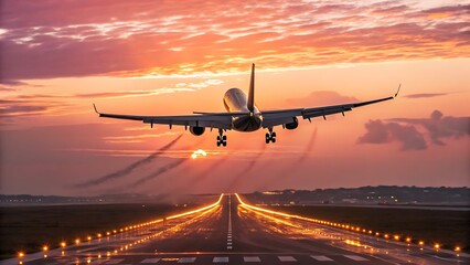 Airplane Landing at Sunset Epic Travel Photography