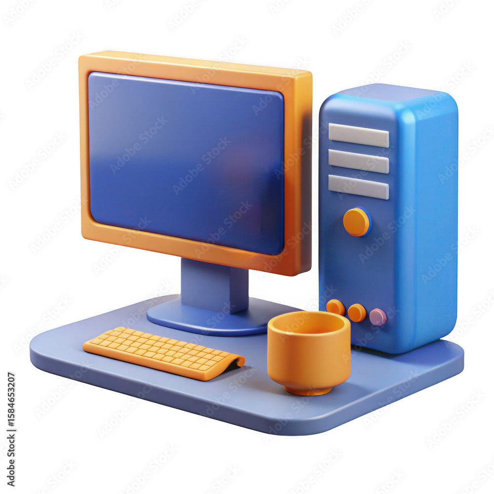 Poster 3d retro computer setup with orange accents isolated on transparent background