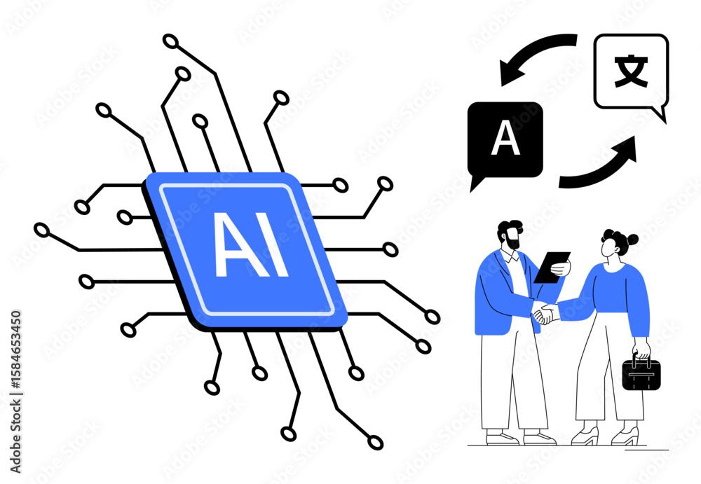 Poster ai processor connected to circuits alongside business partnership and language translation graphics.