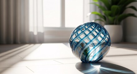 Decorative glass sphere blue swirl design on floor near window and plants home decor interior design