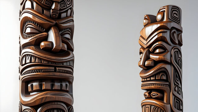 Carved Tiki totem pole statue isolated on transparent background  