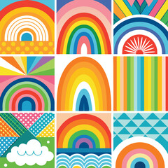 Rainbow vector geometric seamless patterns collection. Set of bright colorful backgrounds with modern minimal labels. Cute abstract geometrical textures. Simple pattern design for babies, kids, decor