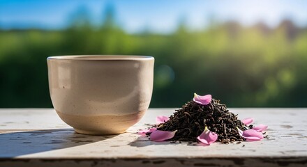 Tea cup and loose leaf tea with rose petals for herbal tea drink and wellness on a sunny day outdoors