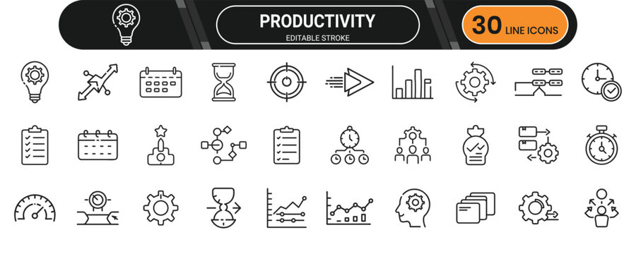 Productivity and efficiency icon set showing progress tracking, tools, time-saving, planning, and performance monitoring visuals