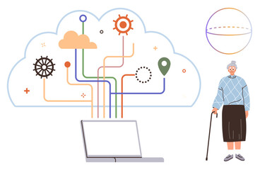 Elderly woman with a cane beside a laptop linked to a cloud with colorful connections and icons. Ideal for technology for seniors, connectivity, innovation, learning, data, accessibility, simple flat