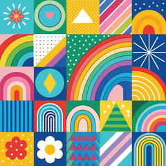 Rainbow vector geometric seamless patterns collection. Set of bright colorful backgrounds with modern minimal labels. Cute abstract geometrical textures. Simple pattern design for babies, kids, decor