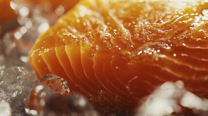 Close-up view of salmon fillet on ice.