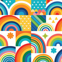 Rainbow vector geometric seamless patterns collection. Set of bright colorful backgrounds with modern minimal labels. Cute abstract geometrical textures. Simple pattern design for babies, kids, decor
