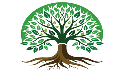 Naklejka premium Vector illustration of a vibrant green tree with visible roots, symbolizing nature, growth, and ecology