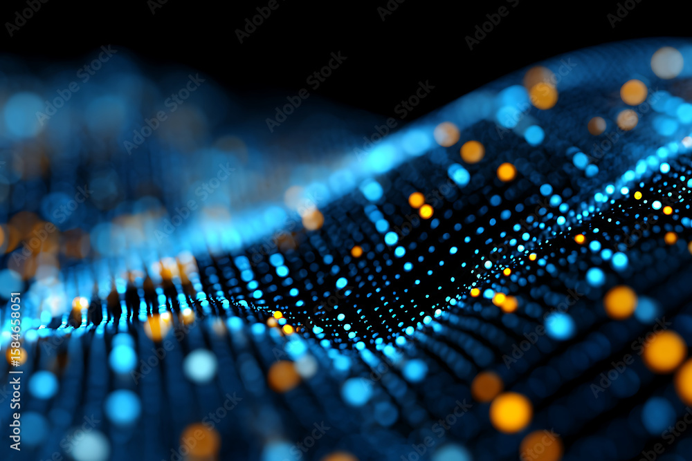 Poster bright and colorful digital particles create a mesmerizing wave pattern in a dark environment