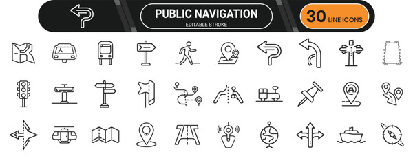 Public navigation icon set with maps, GPS routes, directional arrows, transport lines, and way finding for urban planning visuals