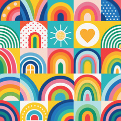 Rainbow vector geometric seamless patterns collection. Set of bright colorful backgrounds with modern minimal labels. Cute abstract geometrical textures. Simple pattern design for babies, kids, decor