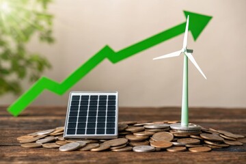 A small solar panel or wind turbine on a pile of coins with a green upward stock arrow in the background