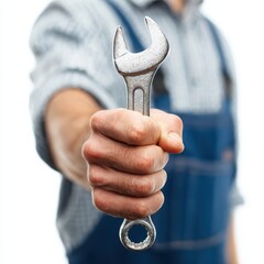 Hand holds a metal wrench tool for repair or maintenance in a close up studio shot