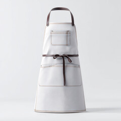 White canvas apron with brown leather straps and pockets 1