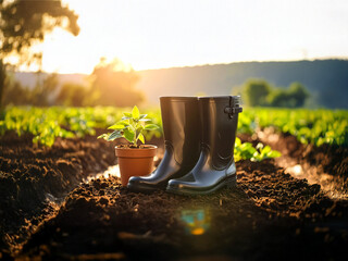 Black Rubber Boots Beside a Potted Plant and Wet Soil