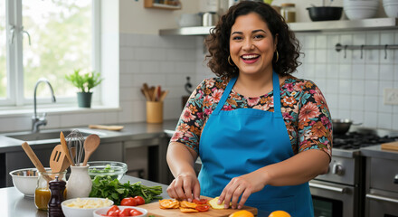 Woman in blue apron cooking in modern kitchen cutting vegetables with fresh ingredients on counter. Home cooking and meal preparation. Healthy lifestyle and culinary skills