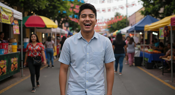 Man in light blue shirt laughing happily at outdoor market. Joy and positive emotions. Mental health awareness and lifestyle campaigns