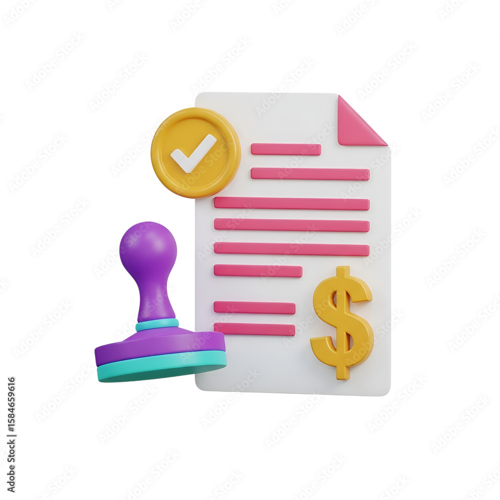 Aufkleber 3d rendering vector icon of a document with a stamp and dollar sign isolated on transparent backgrou