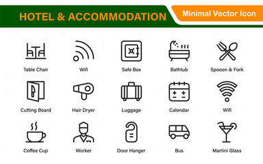 Hotel and accommodation icons. Universal service icons with building, booking, concierge, air conditioning, food delivery, housekeeping line vector web icon.