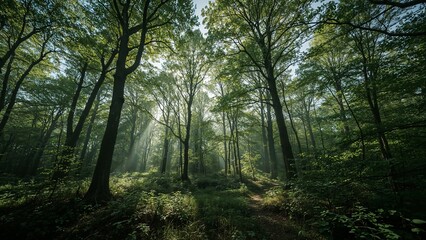 Obraz premium Sunlight filtering through a lush forest canopy.