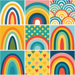 Rainbow vector geometric seamless patterns collection. Set of bright colorful backgrounds with modern minimal labels. Cute abstract geometrical textures. Simple pattern design for babies, kids, decor