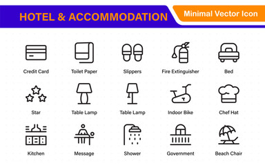 Hotel and accommodation icons. Universal service icons with building, booking, concierge, air conditioning, food delivery, housekeeping line vector web icon.