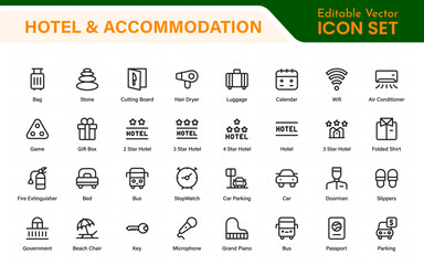 Hotel and accommodation icons. Universal service icons with building, booking, concierge, air conditioning, food delivery, housekeeping line vector web icon.