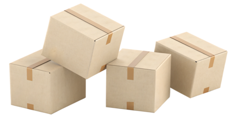 Stack of four realistic cardboard boxes on a transparent background, perfect for illustrating shipping, delivery, moving, or storage concepts in various commercial and creative projects.