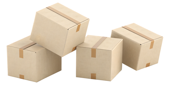Stack of four realistic cardboard boxes on a transparent background, perfect for illustrating shipping, delivery, moving, or storage concepts in various commercial and creative projects.