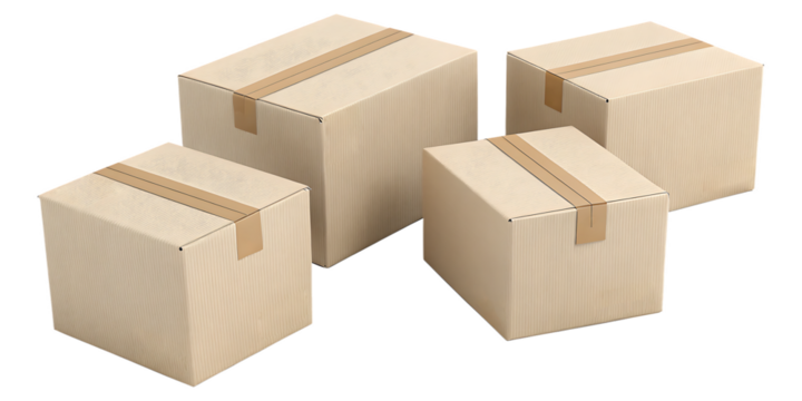 Four neatly arranged cardboard boxes sealed with tape create a scene suitable for packaging, delivery, or storage concepts with a transparent backdrop, transparent background
