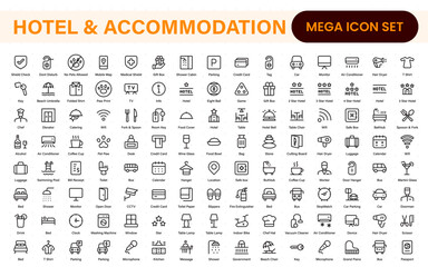 Hotel and accommodation icons. Universal service icons with building, booking, concierge, air conditioning, food delivery, housekeeping line vector web icon.