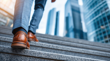 Person in formal attire confidently walks up city steps, showcasing brown leather shoes against backdrop of modern skyscrapers