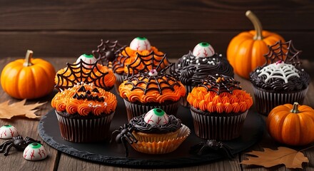 Halloween Themed Cupcakes Treats Orange Black Frosting Spooky Cake