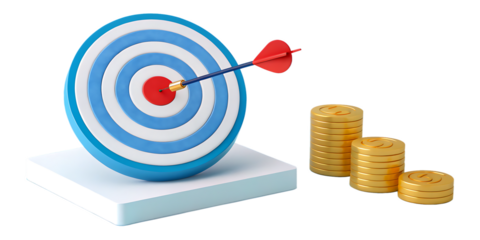 Illustrative graphic showcases a target with a red arrow at the bullseye alongside gold coins, emphasizing financial success and strategic investment planning with a transparent background.