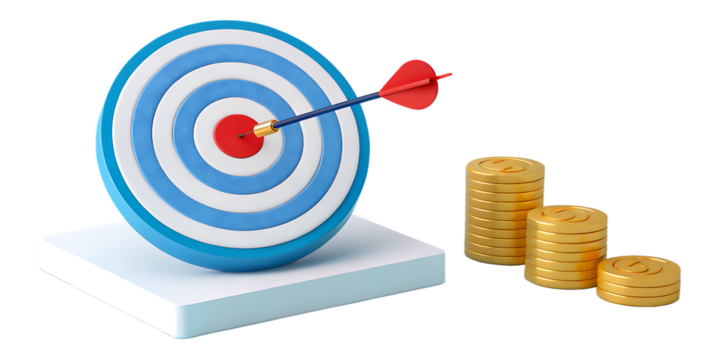 Illustrative graphic showcases a target with a red arrow at the bullseye alongside gold coins, emphasizing financial success and strategic investment planning with a transparent background.
