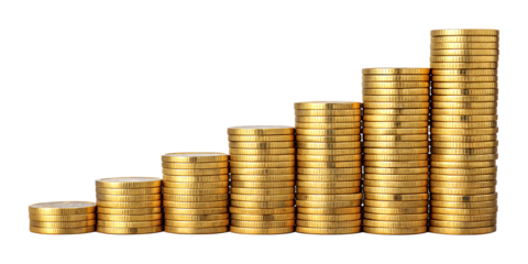 Rising gold coin stacks against a transparent background symbolize financial growth, investment success, and wealth accumulation, perfect for illustrating concepts of finance and business.