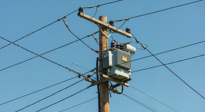 Electrical transformer mounted on wooden pole with multiple power lines. Energy distribution infrastructure and utility services. Electrical maintenance and grid operations
